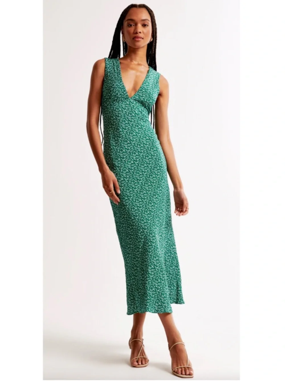 Abercrombie & Fitch Tall Ditsy Floral Pleated Woven V-Neck Column Maxi Dress Med